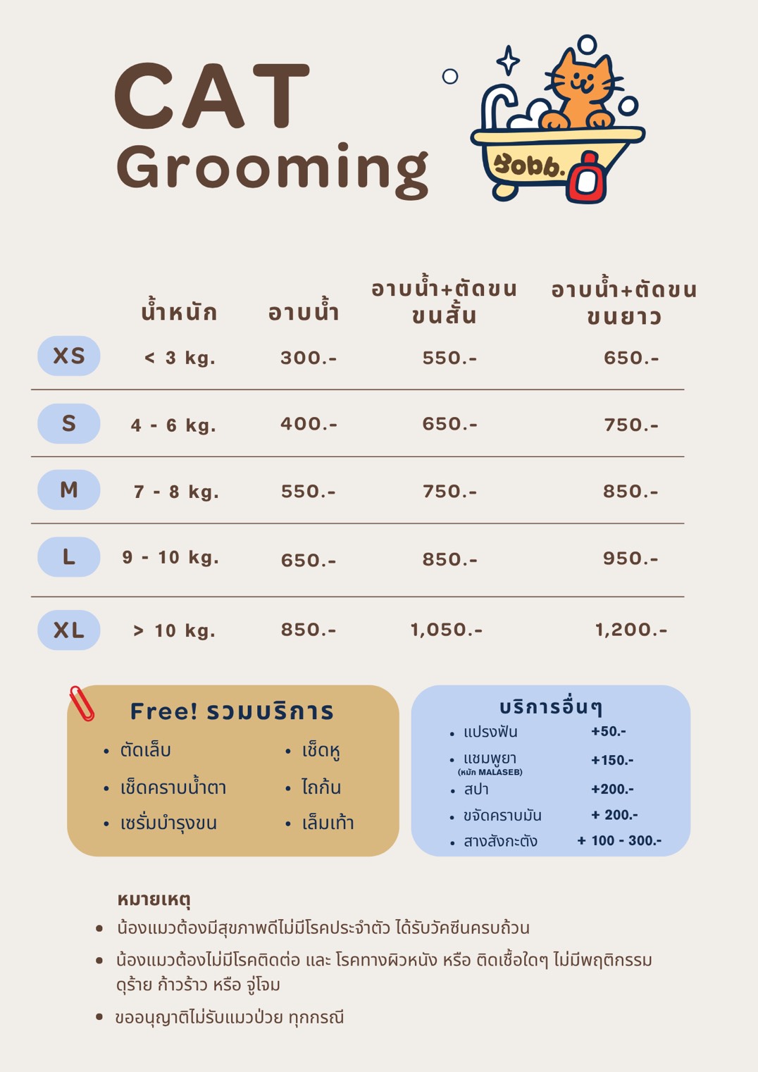 ตารางราคาอาบน้ำตัดขนแมว Bobb