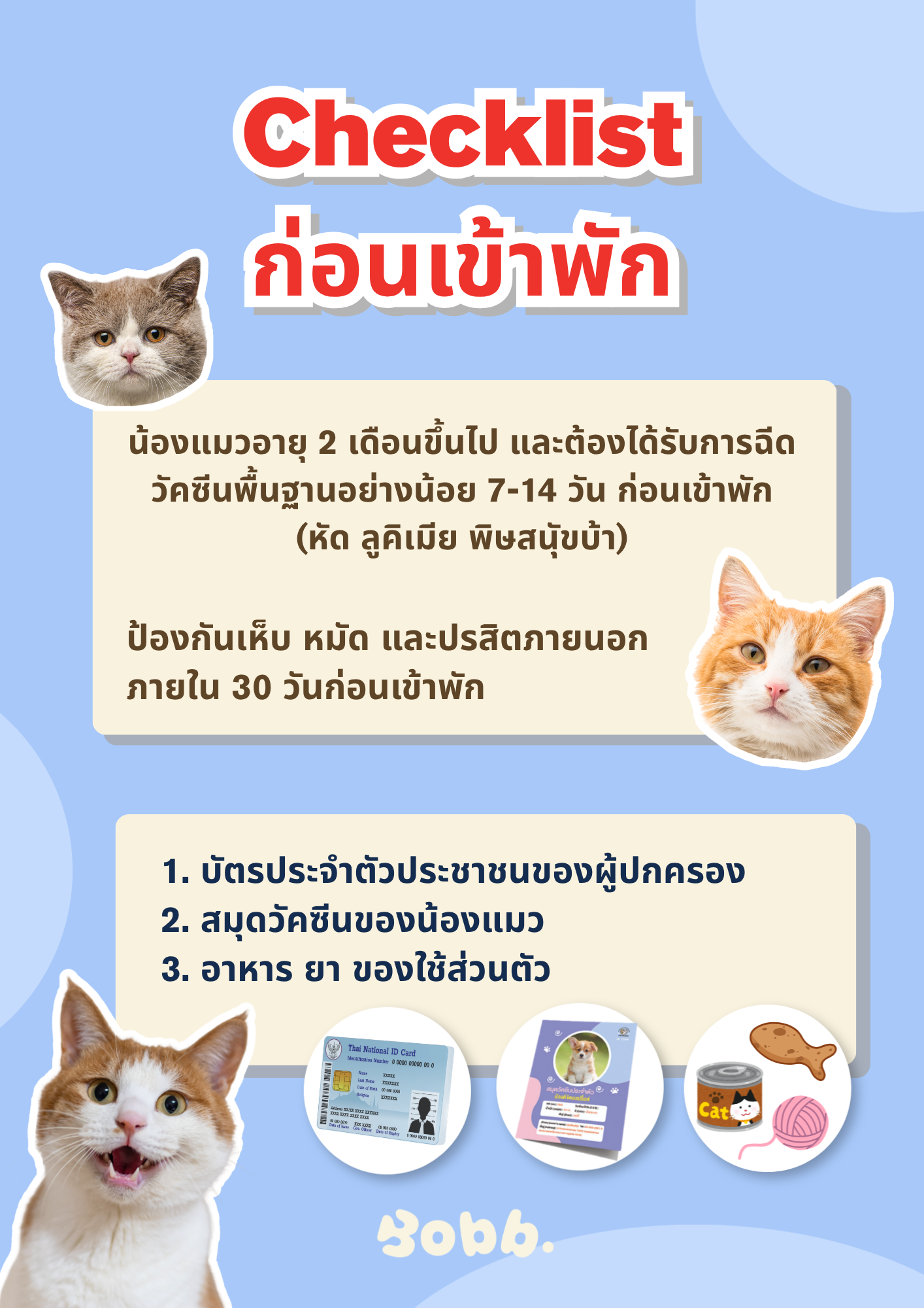 Checklist ก่อนเข้าพักโรงแรมแมว Bobb.